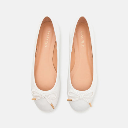Elegant Women's White Satin Ballerina Flats with Decorative Bow - Comfort Slip-On Style