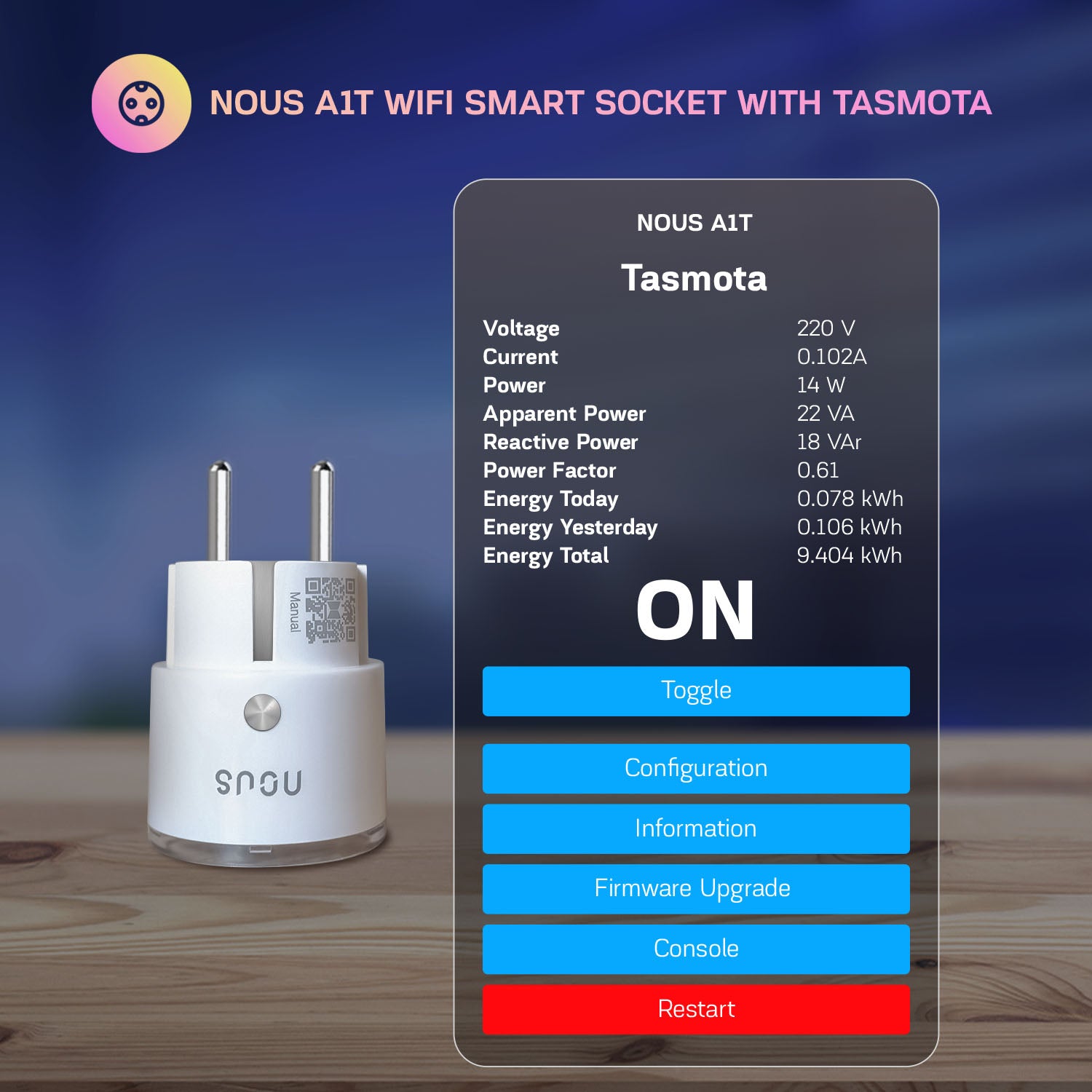 Nous A1T Tasmota Smart WiFi Socket 16A Power Monitoring Plug for Home Automation