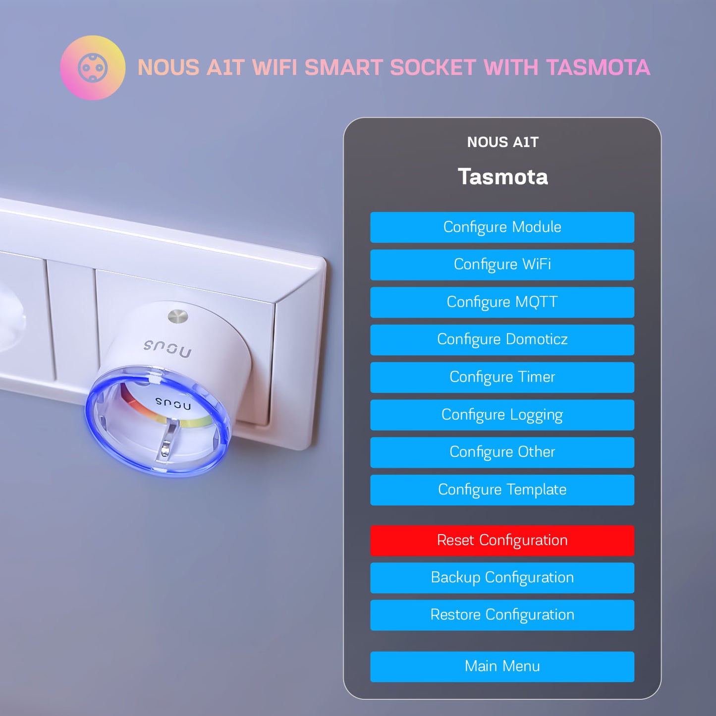 Nous A1T Tasmota Smart WiFi Socket 16A Power Monitoring Plug for Home Automation