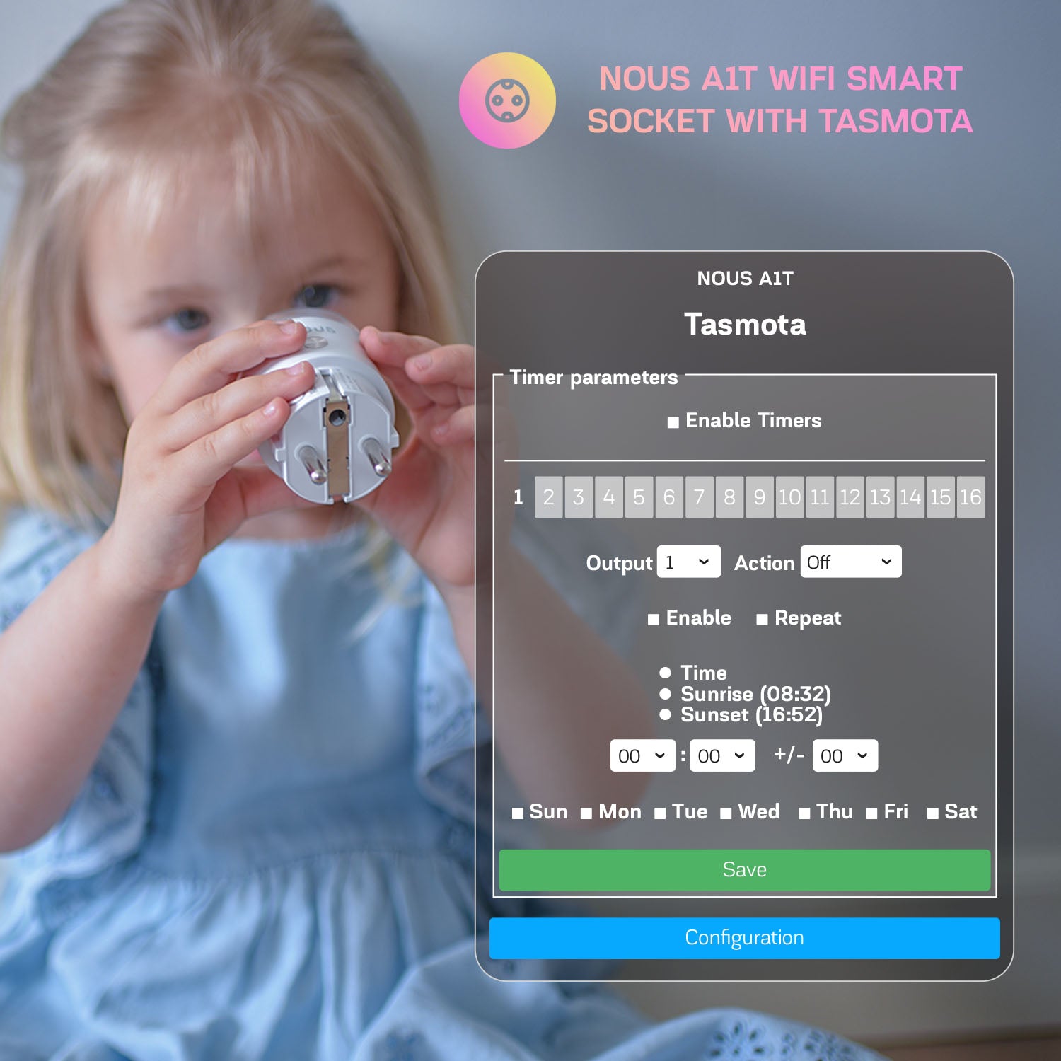 Nous A1T Tasmota Smart WiFi Socket 16A Power Monitoring Plug for Home Automation