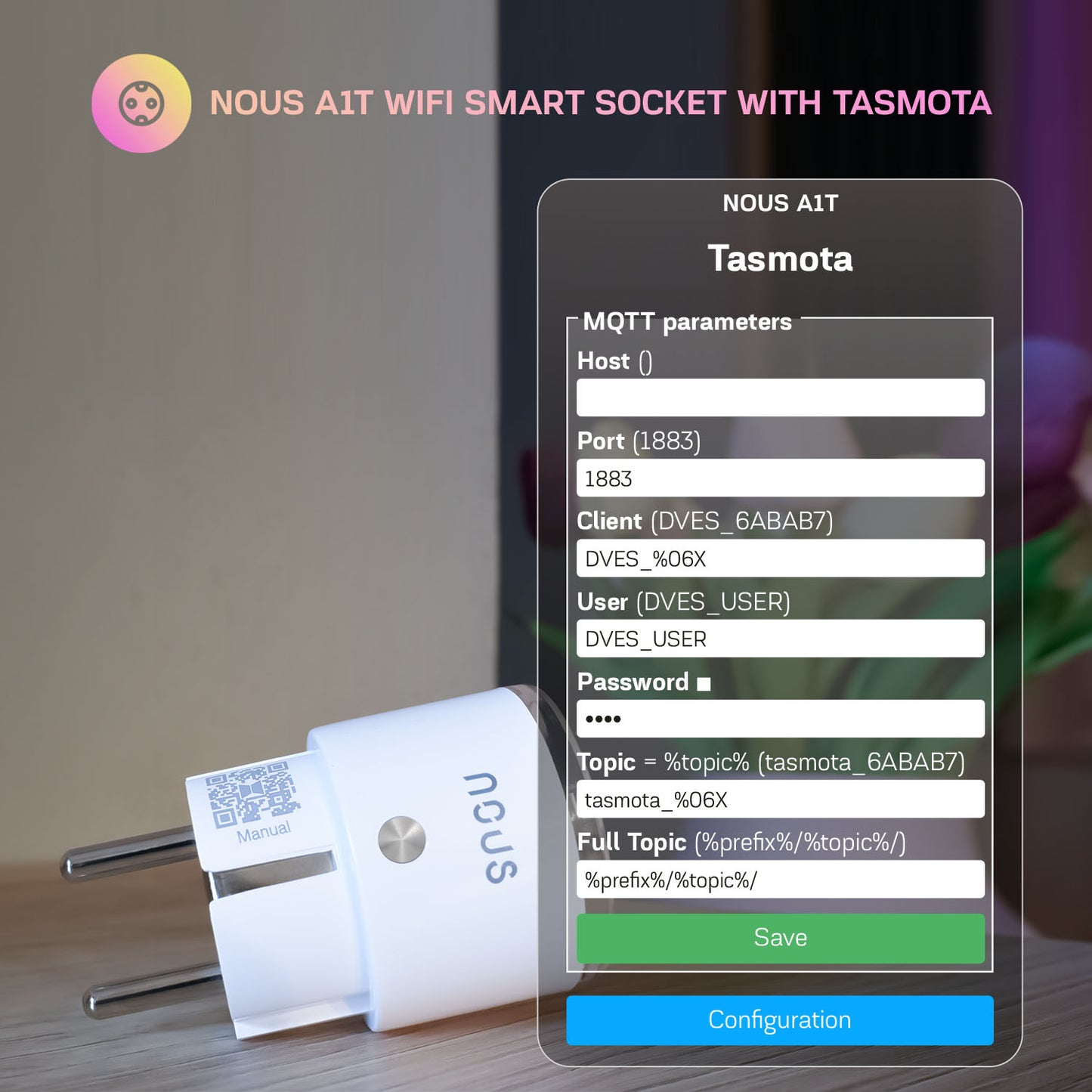 Nous A1T Tasmota Smart WiFi Socket 16A Power Monitoring Plug for Home Automation