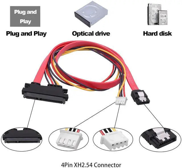 Goldendisk 22-Pin SATA Data Power Cable 2-in-1 SATA 7+15 to 7 Pin with XH2.5 4-Pin Combo Extension for Hard Disk Optical Drive PC Modding 50cm 2-Pack