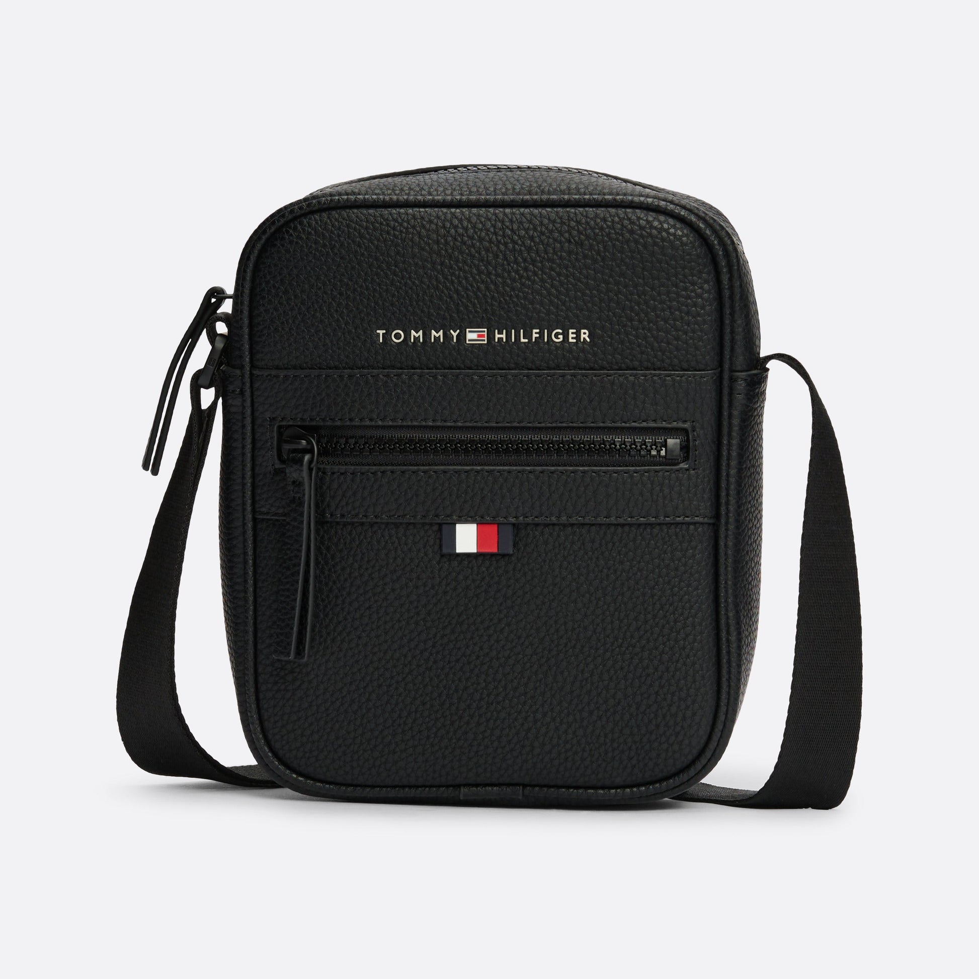 Tommy Hilfiger Essential Small Reporter Bag, Durable Pebble Grain Crossbody, Adjustable Strap, Black