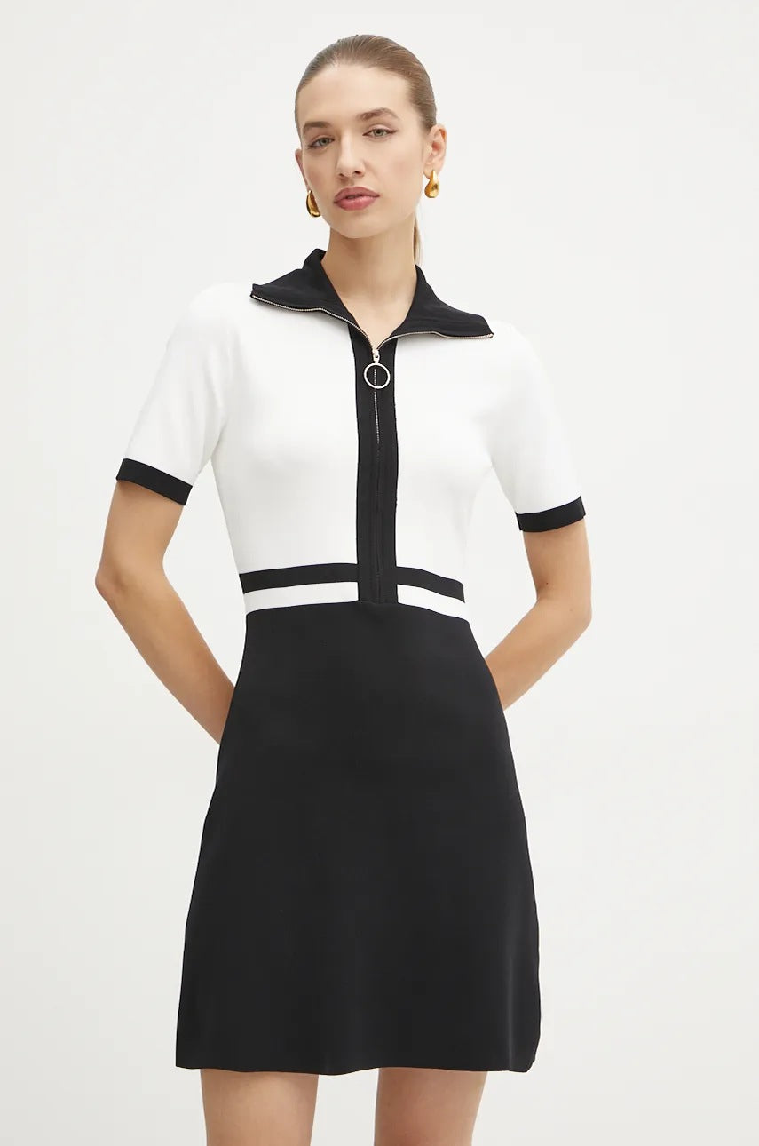 Chic Morgan RMICA Black Ribbed A-Line Mini Dress, Short Sleeves, Zip