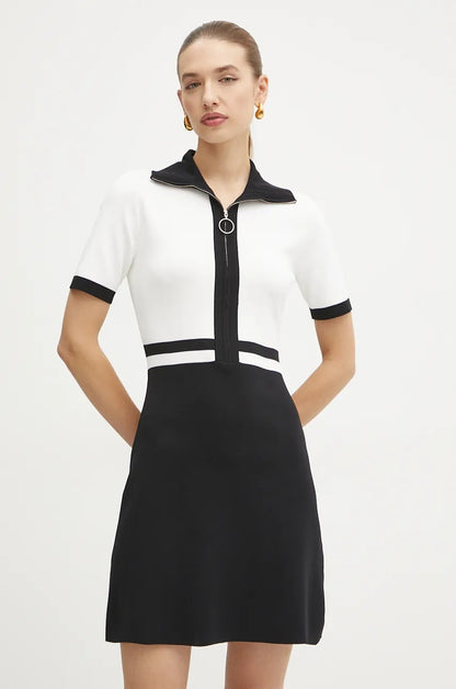 Chic Morgan RMICA Black Ribbed A-Line Mini Dress, Short Sleeves, Zip