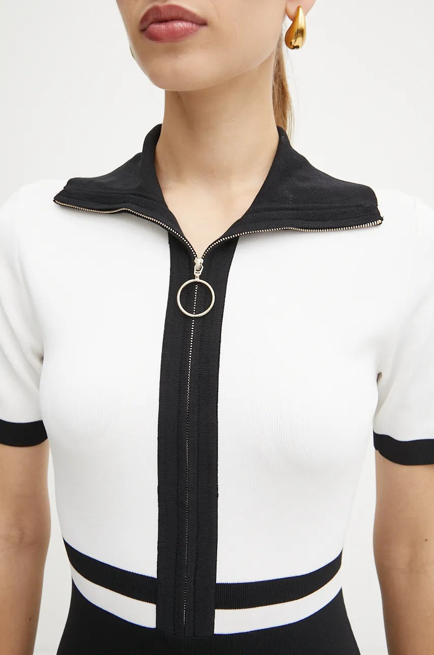 Chic Morgan RMICA Black Ribbed A-Line Mini Dress, Short Sleeves, Zip