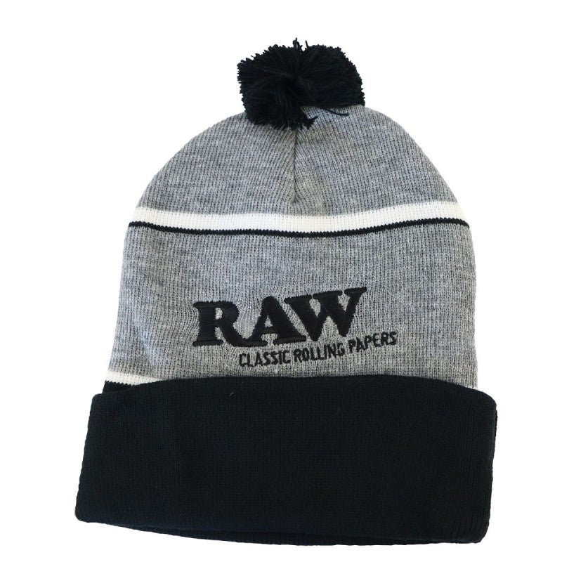 RAW Grey Pom Pom Knit Winter Beanie for Cozy Comfort