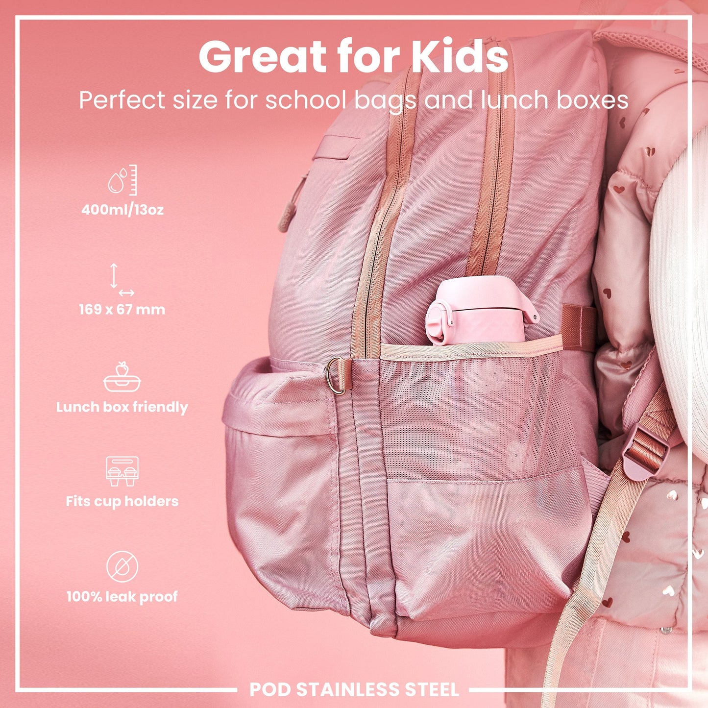 Rainbow Leak-Proof Stainless Steel Kids Water Bottle 400ml Pink