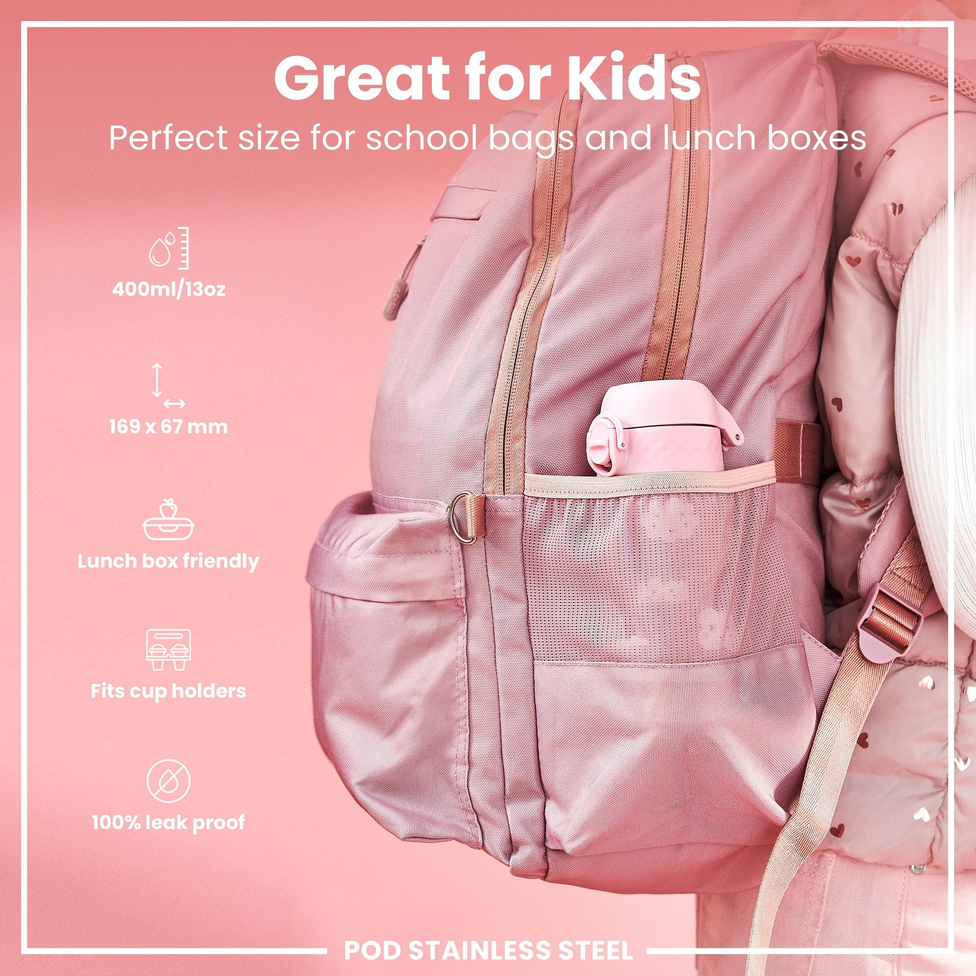 Rainbow Leak-Proof Stainless Steel Kids Water Bottle 400ml Pink