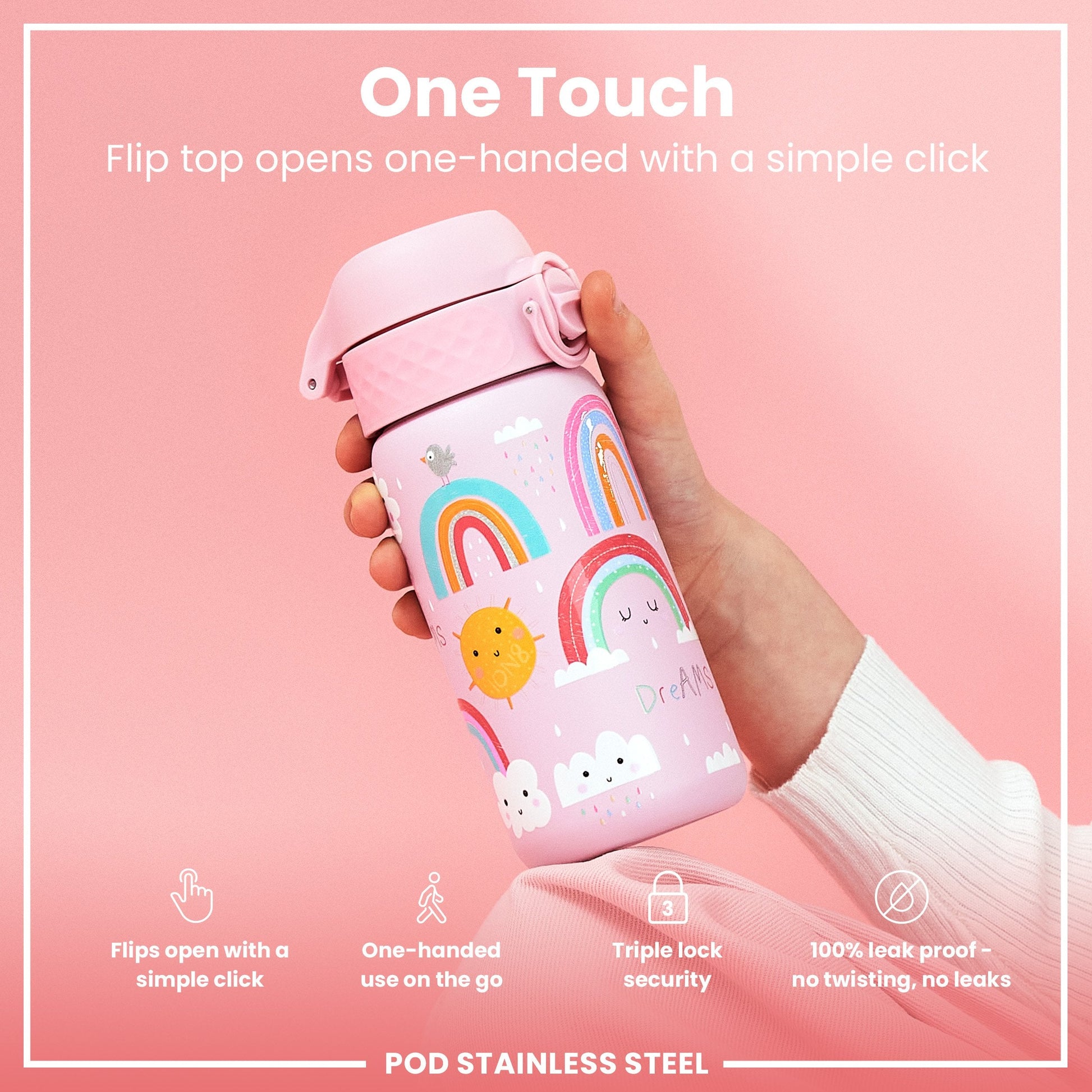 Rainbow Leak-Proof Stainless Steel Kids Water Bottle 400ml Pink