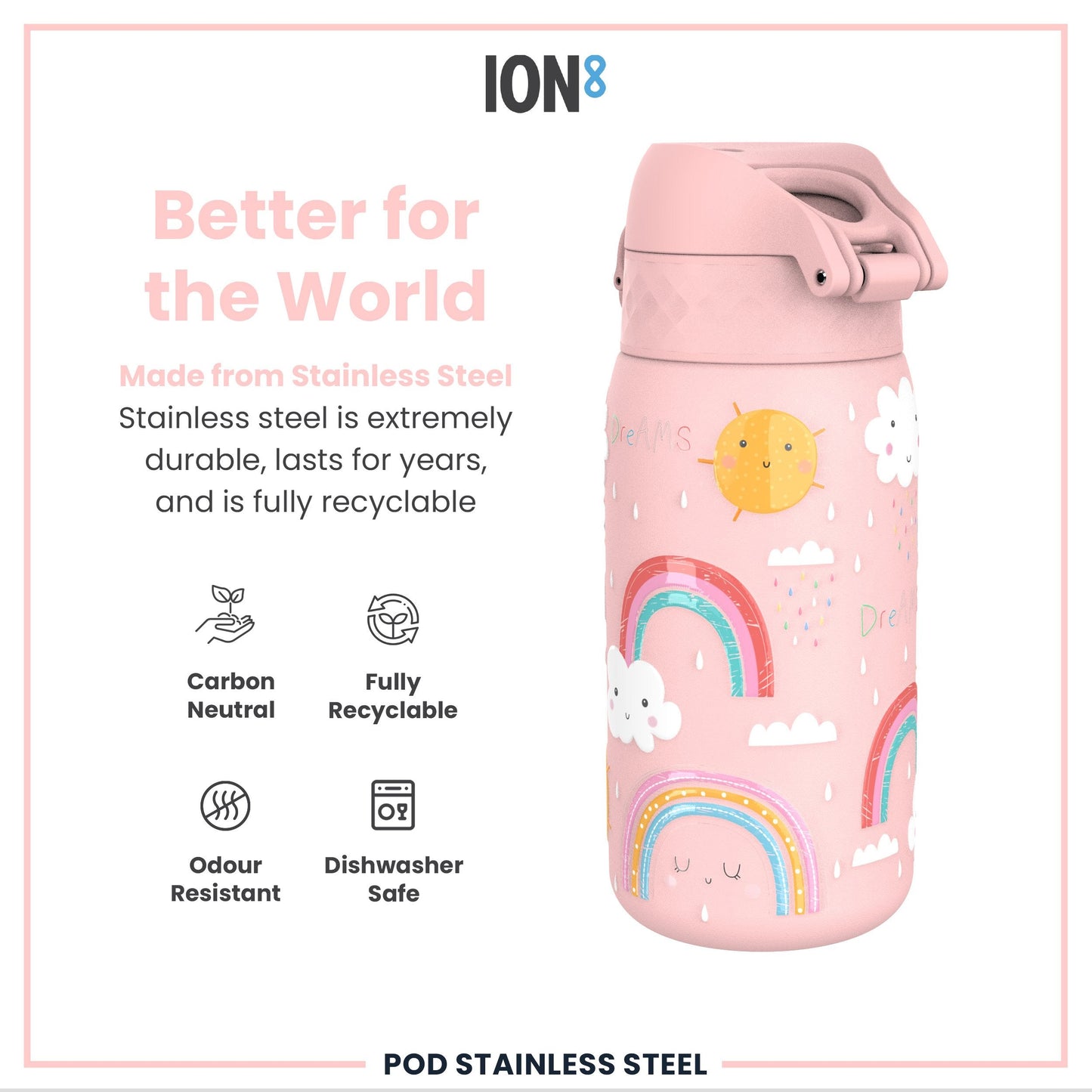 Rainbow Leak-Proof Stainless Steel Kids Water Bottle 400ml Pink
