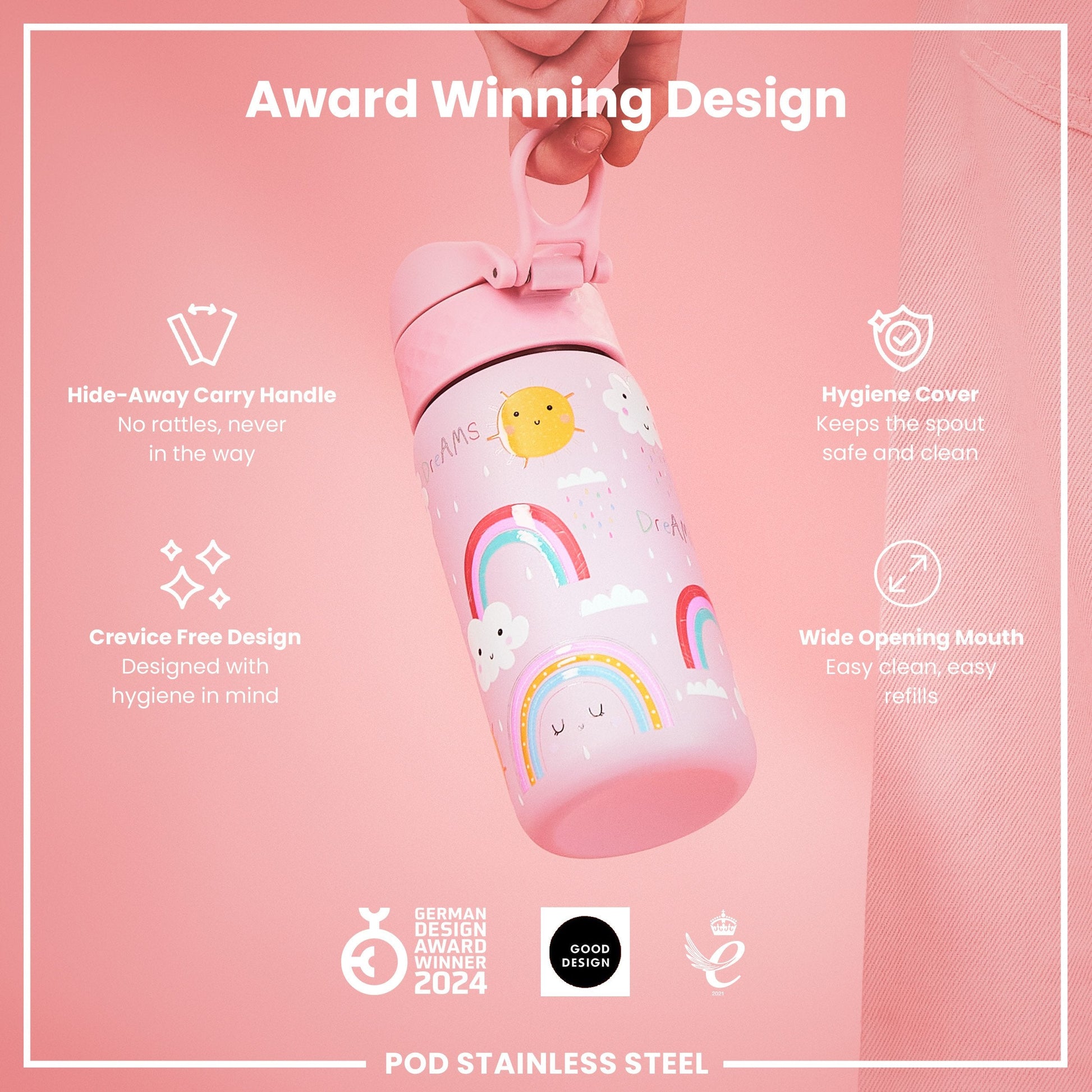 Rainbow Leak-Proof Stainless Steel Kids Water Bottle 400ml Pink