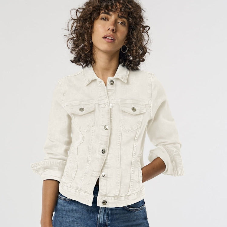 Women's ONLY Cream Denim Jacket with Button Fastening Cuffs - Stylish & Versatile