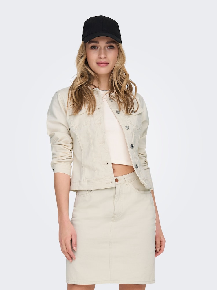 Women's ONLY Cream Denim Jacket with Button Fastening Cuffs - Stylish & Versatile