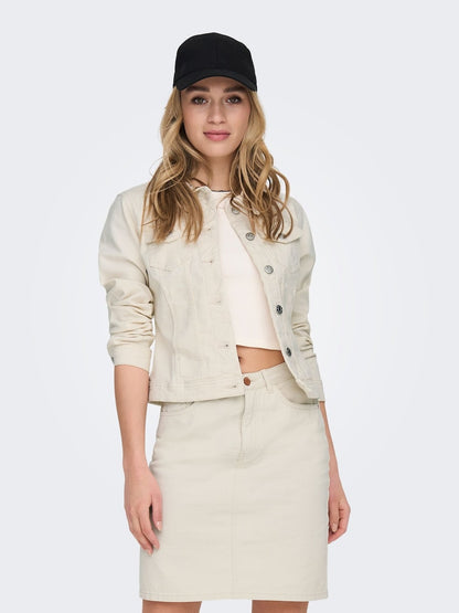 Women's ONLY Cream Denim Jacket with Button Fastening Cuffs - Stylish & Versatile
