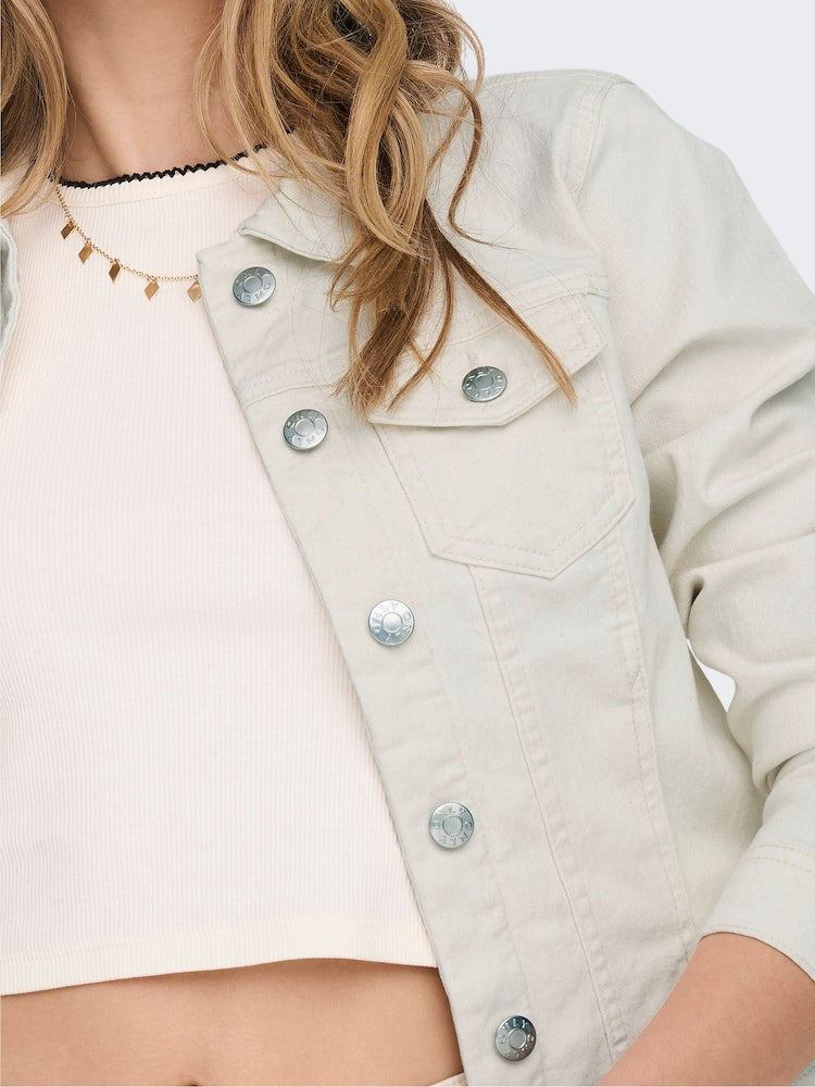 Women's ONLY Cream Denim Jacket with Button Fastening Cuffs - Stylish & Versatile