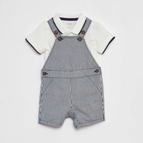 Kiabi Baby Boy White Cotton Polo & Striped Overalls 2-Piece Set