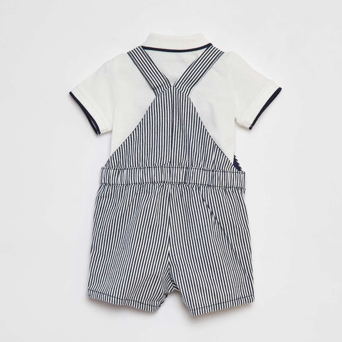 Kiabi Baby Boy White Cotton Polo & Striped Overalls 2-Piece Set