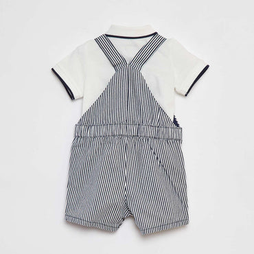 Kiabi Baby Boy White Cotton Polo & Striped Overalls 2-Piece Set