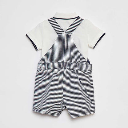 Kiabi Baby Boy White Cotton Polo & Striped Overalls 2-Piece Set