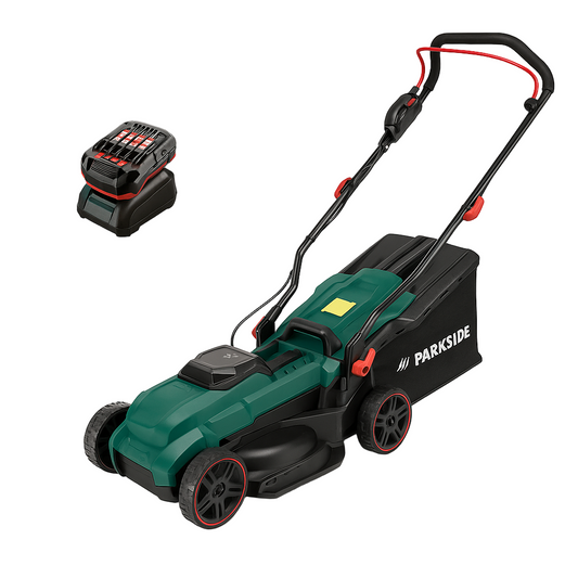 Green lawn mower with black handle and battery pack on a white background