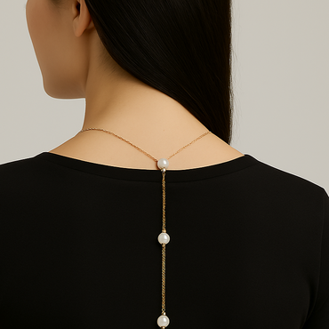 Long necklace with pearl pendants on a plain background