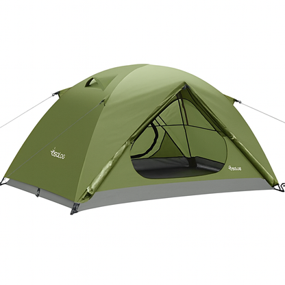 Yosaloe 2-person waterproof dome camping tent in olive-green with rainfly and mesh ventilation, suitable for hiking or glamping outdoors