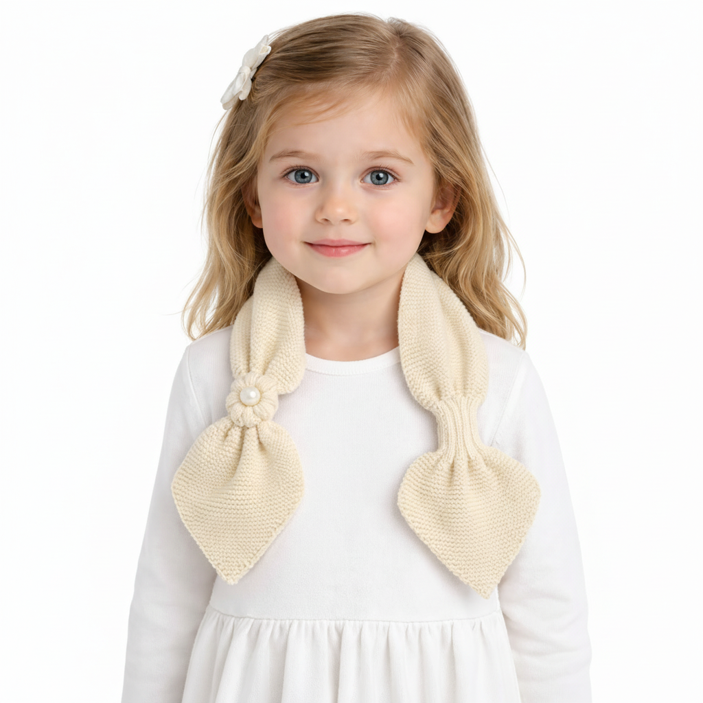 Handmade Kids Crochet Scarf with Pearl Flower Detail – Cream