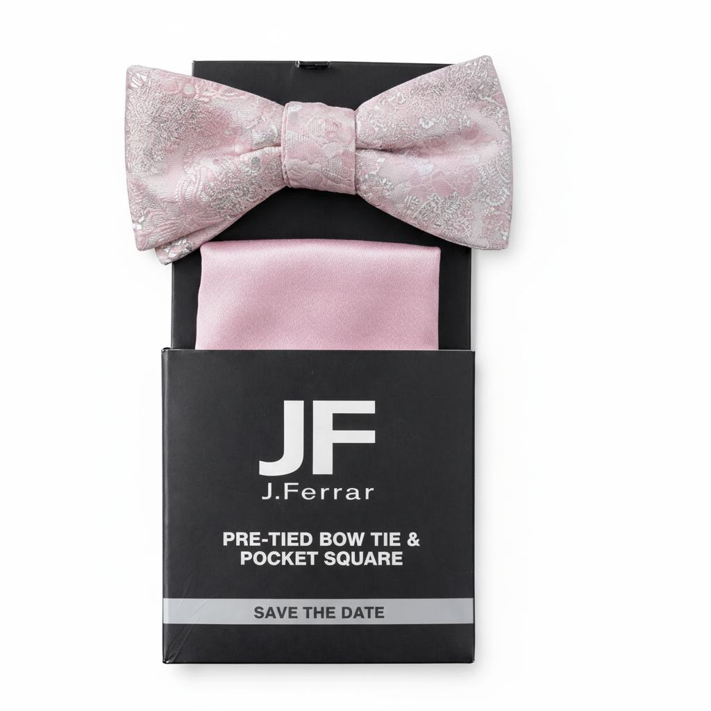 J.Ferrar Light Rose Pre-Tied Bow Tie & Pocket Square Set – Silver Jacquard