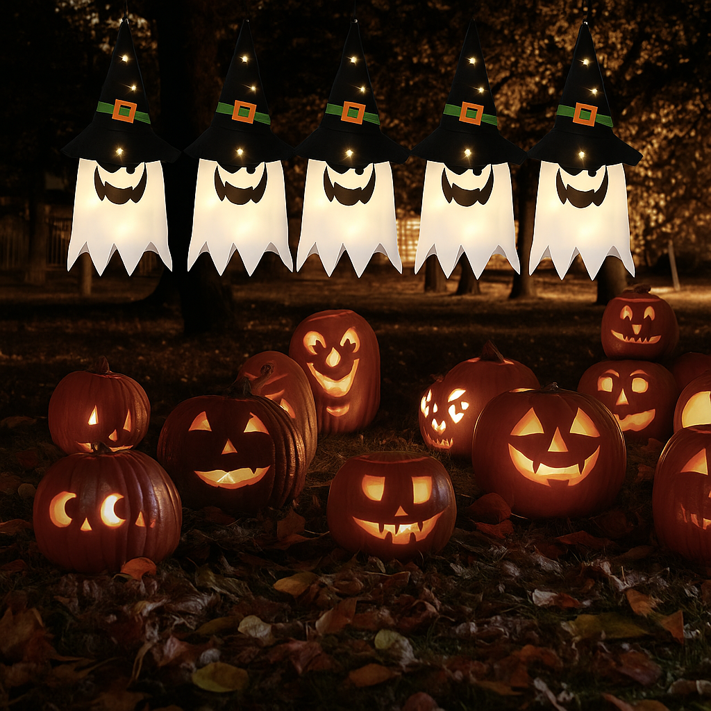 Five ghost string lights with witch hats hanging above glowing carved pumpkins for Halloween decoration