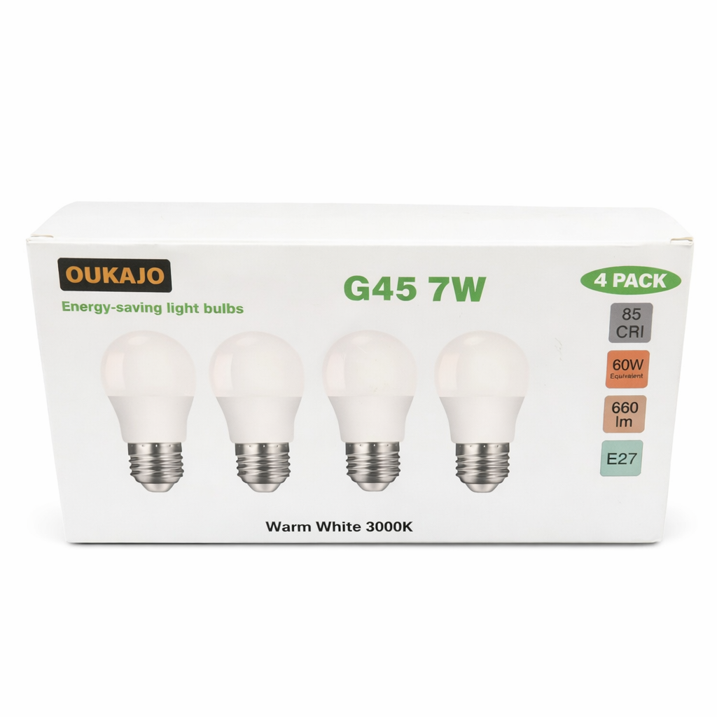 OUKAJO 7W Energy Saving G45 Light Bulb 660lm Warm White E27 (4 Pack)