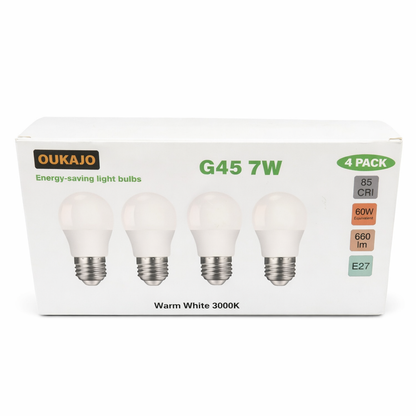 OUKAJO 7W Energy Saving G45 Light Bulb 660lm Warm White E27 (4 Pack)