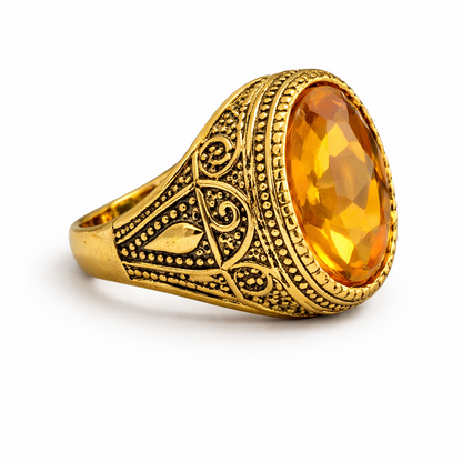 RVM Jewels Gold-Plated Vintage Ring with Amber Gemstone – Antique-Style Filigree Design