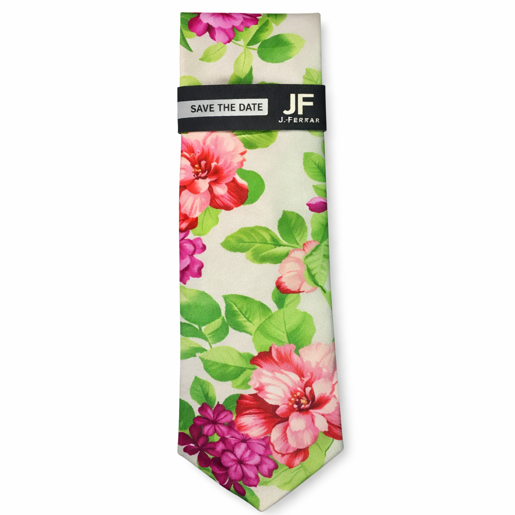 J.Ferrar Narrow Floral Pattern Necktie with 'Save the Date' Label