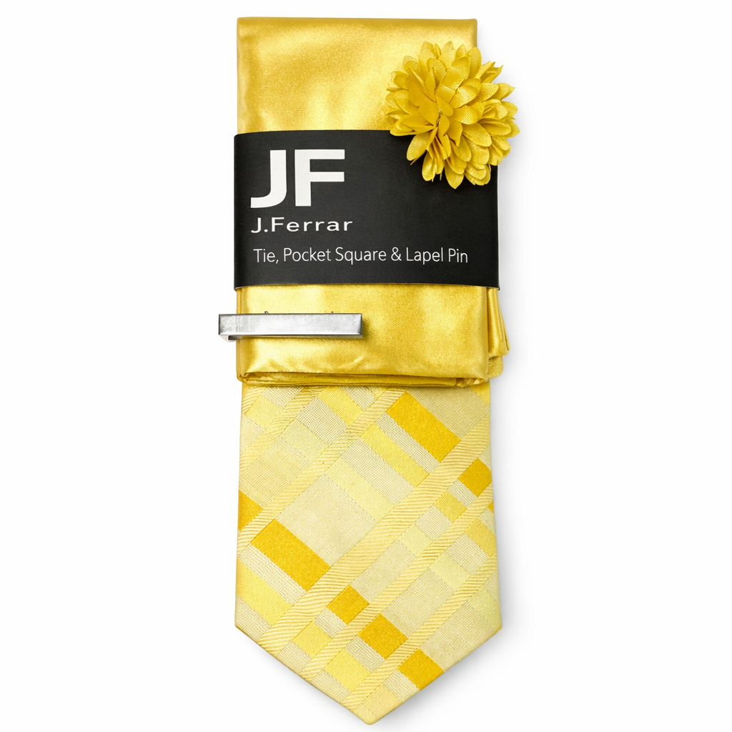 J.Ferrar Yellow Plaid One Size Necktie, Pocket Square & Lapel Pin Set