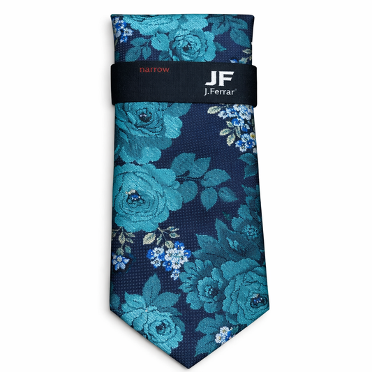 J.Ferrar Narrow Floral Tie in Teal, Blue, and Navy - One Size