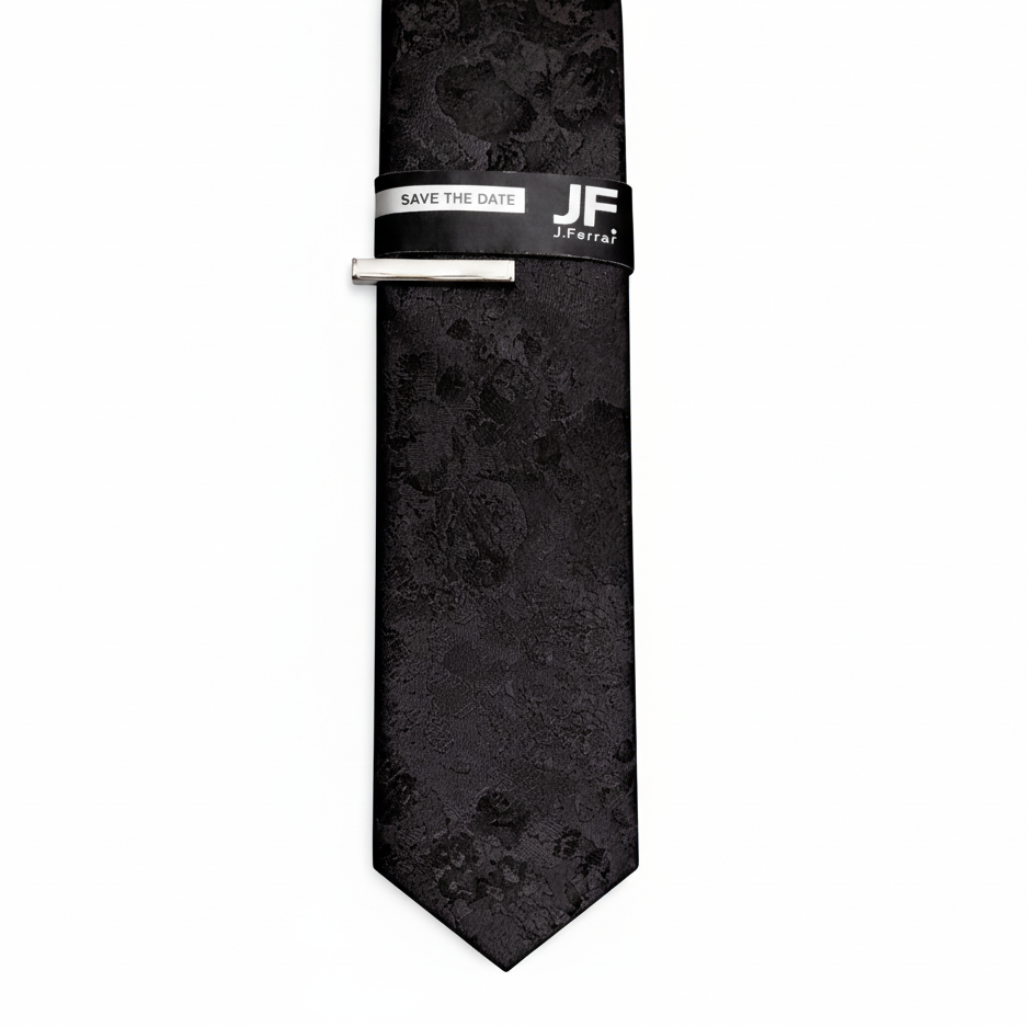 J.Ferrar Floral Jacquard Tie with Gold Tie Bar – Black