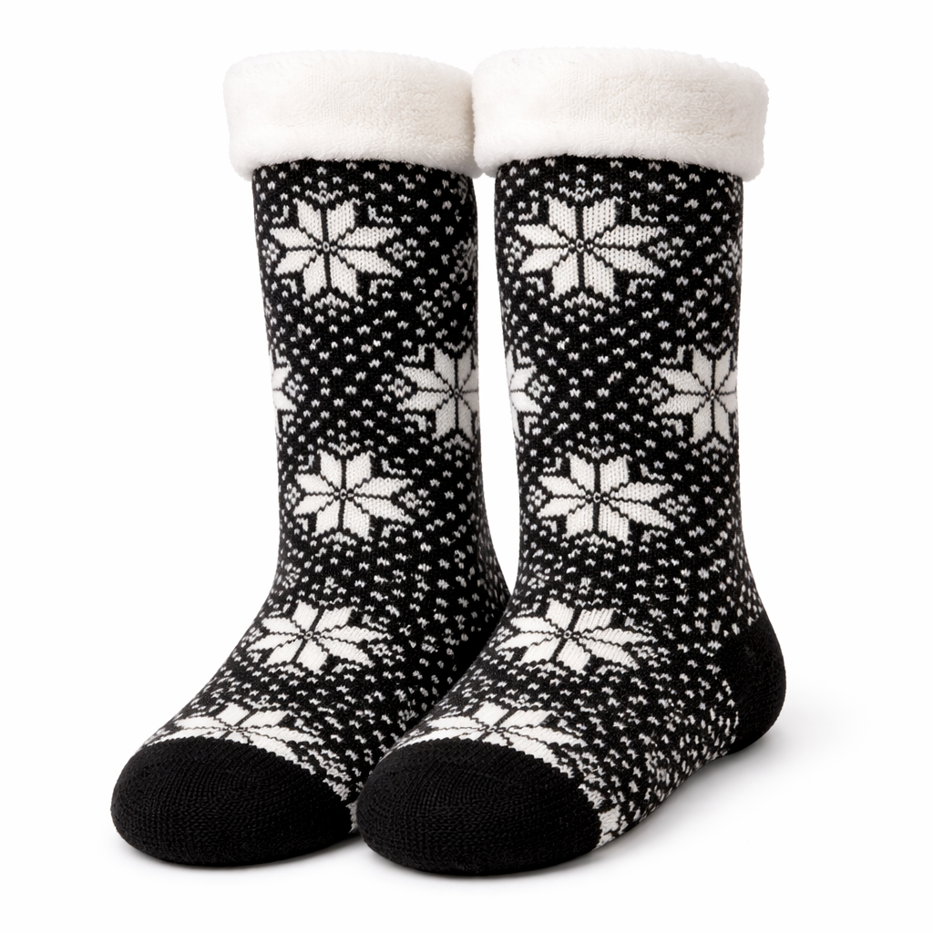 ArcticHaven™ Nordic Snowflake Fleece-Lined Winter Socks – Black & White