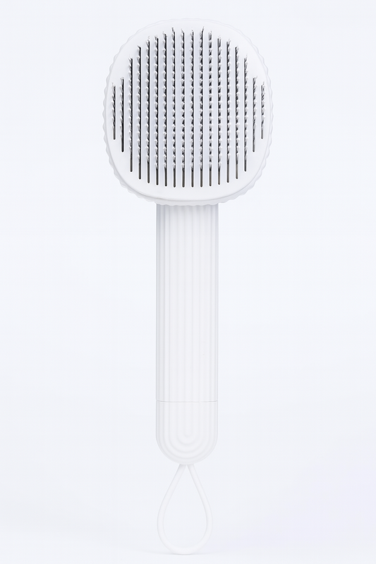 White pet brush with textured head on a white background