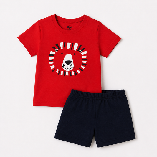 Lupilu Boys' Lion Print Cotton Pajama Set – Red & Navy