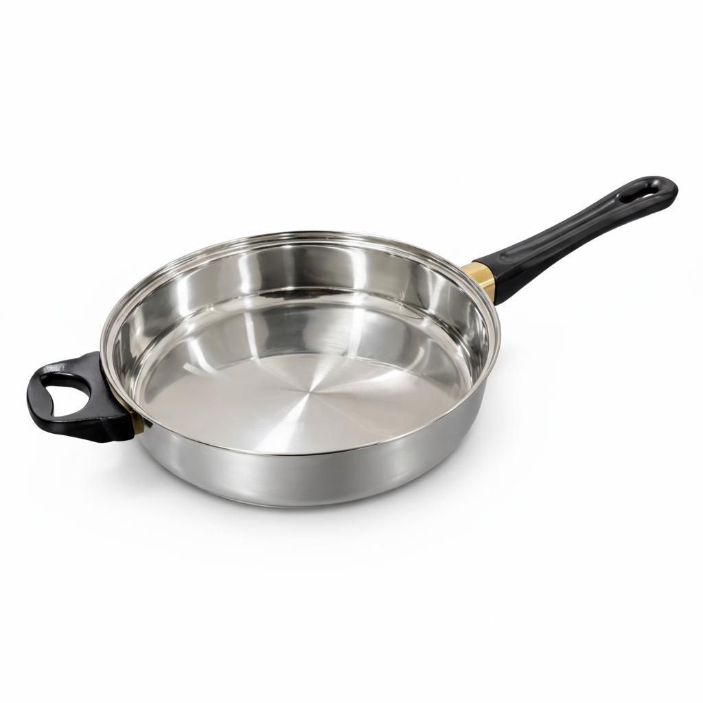GSW Stainless steel frying pan with black handle on a white background