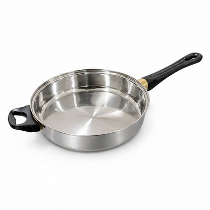 GSW Stainless steel frying pan with black handle on a white background