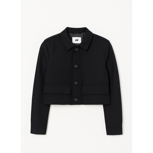 Marine BlACK Short Wool-Blend Coat with Classic Lapel