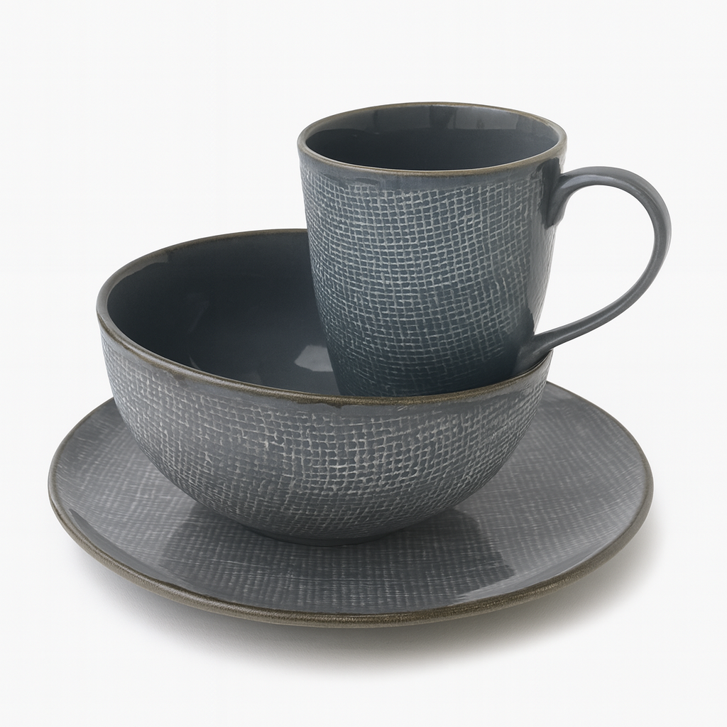 Handcrafted Textured Stoneware Cup & Saucer Set of 12