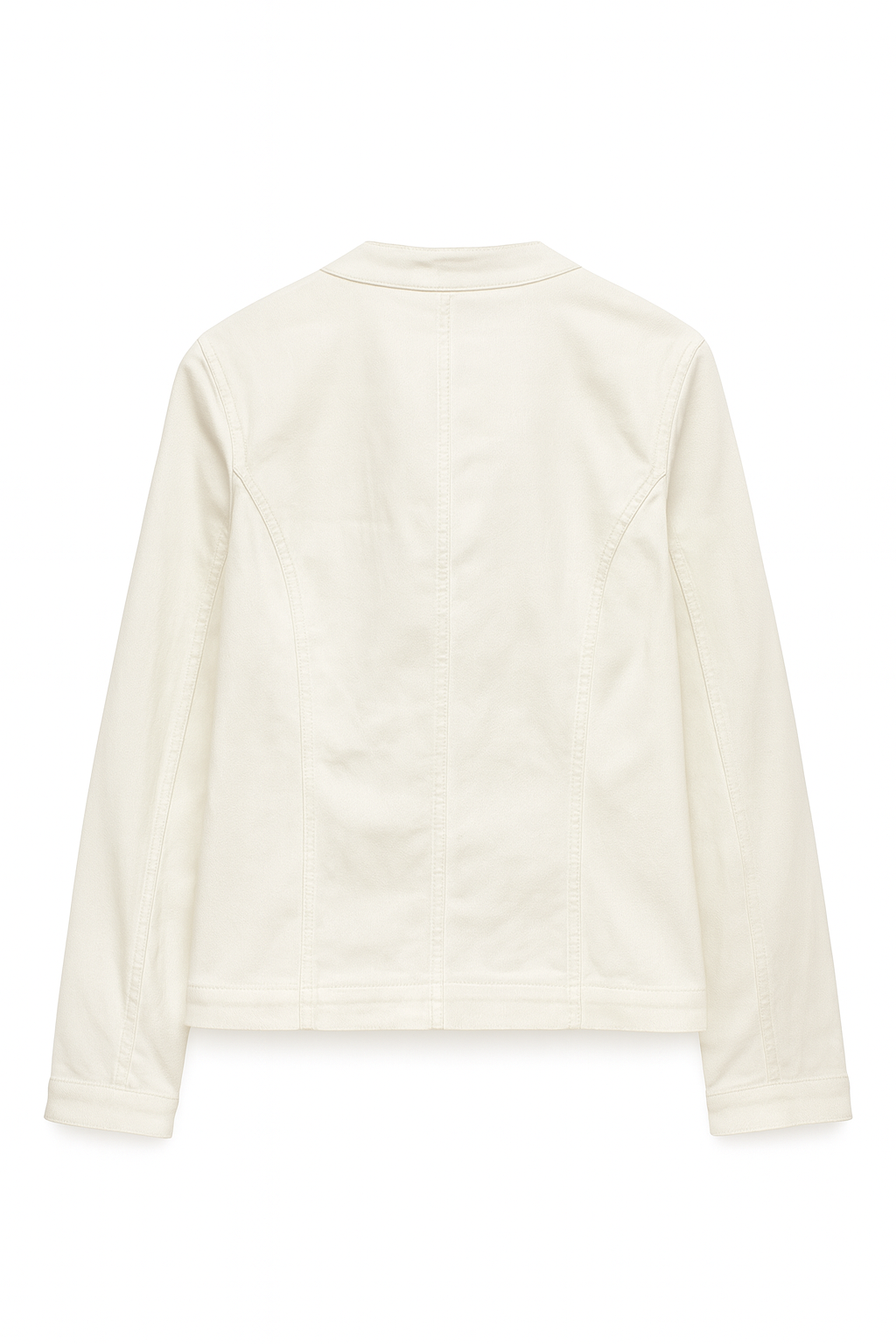 Cartoon Women’s White Denim Jacket – Rounded Neck, Button-Free Front