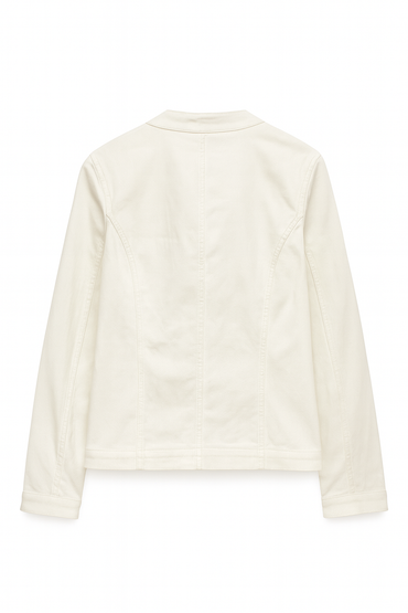 Cartoon Women’s White Denim Jacket – Rounded Neck, Button-Free Front