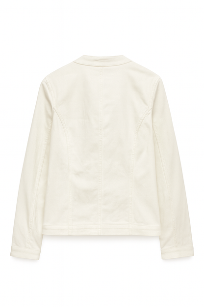 Cartoon Women’s White Denim Jacket – Rounded Neck, Button-Free Front