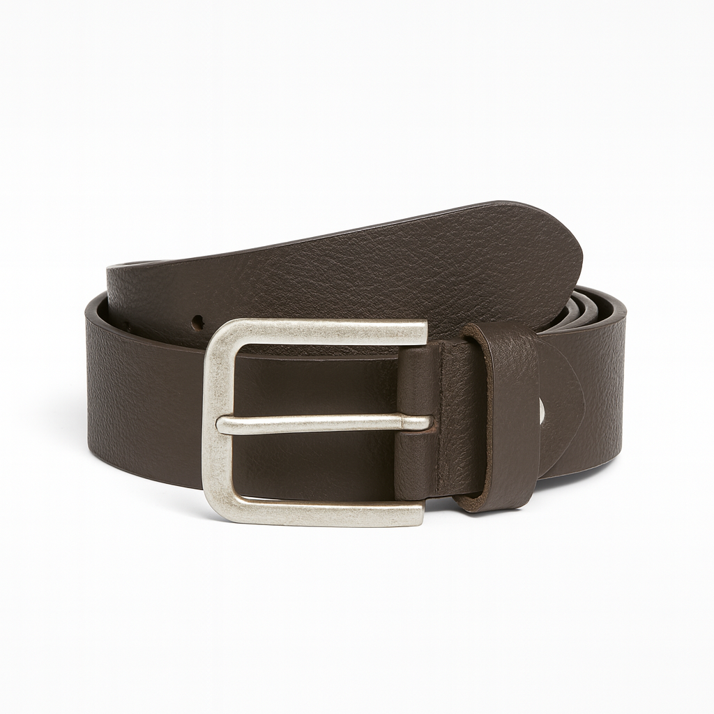 Brown leather belt with a silver buckle on a white background