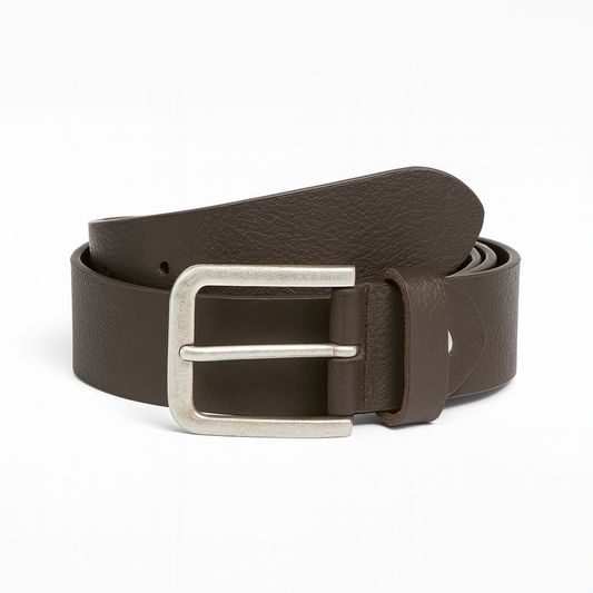 Brown leather belt with a silver buckle on a white background