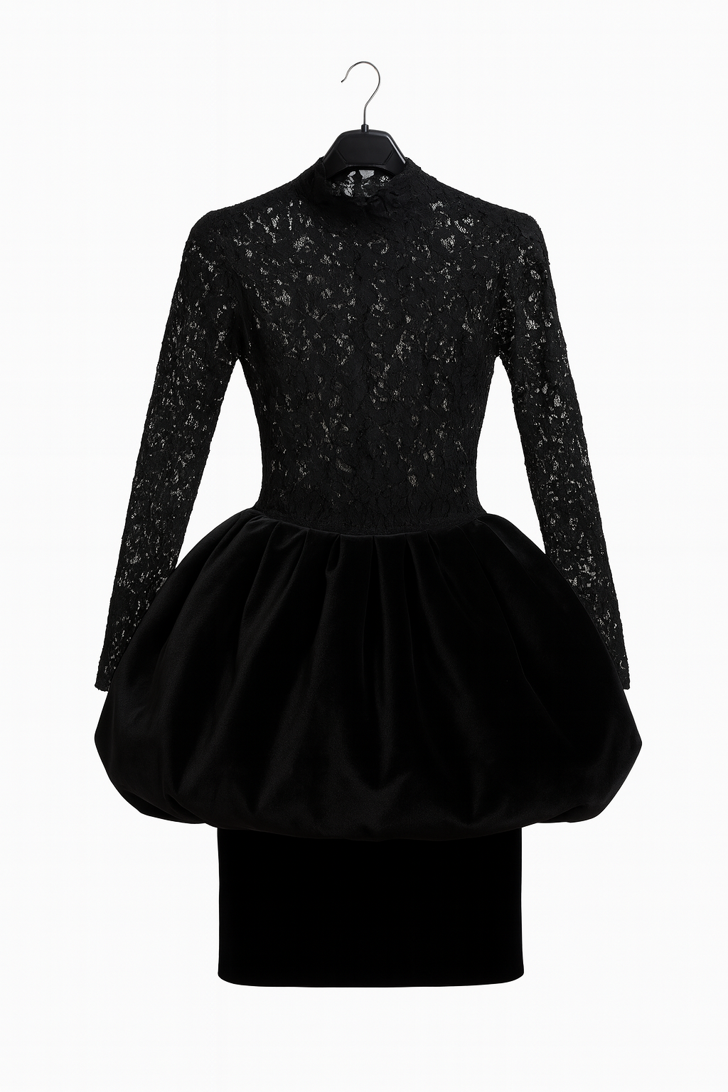 Black dress with long sleeves and a puffy skirt on a hanger against a white background